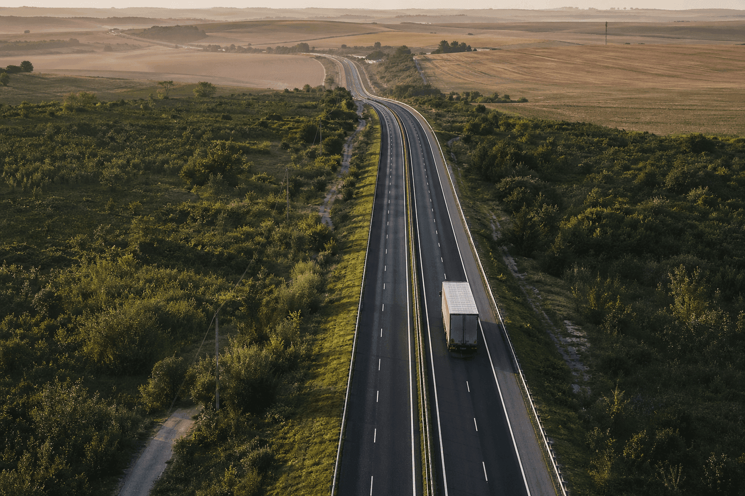 Vista aérea de rota de caminhão na estrada
