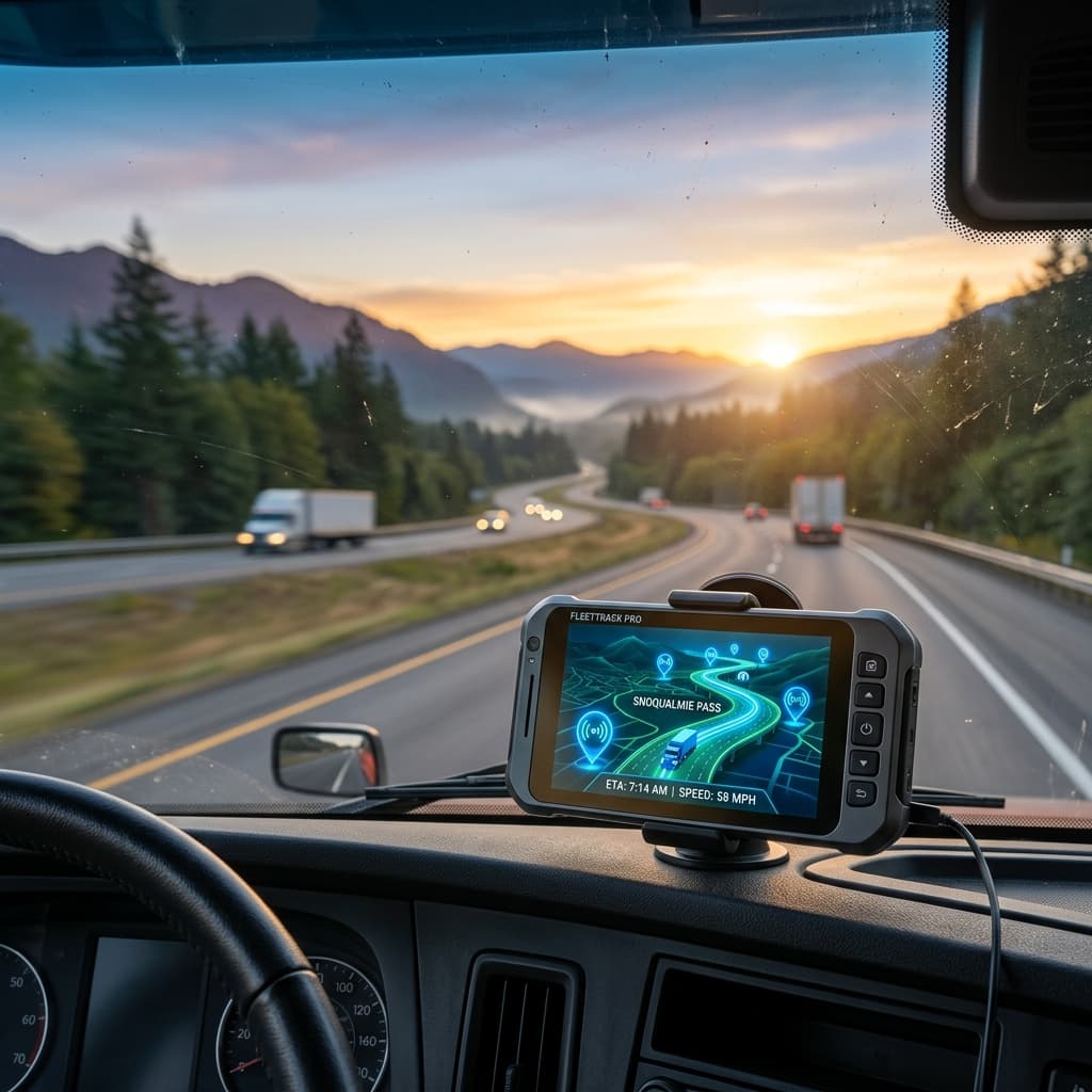 Painel de caminhão com tela GPS mostrando rota em tempo real ao amanhecer em rodovia brasileira